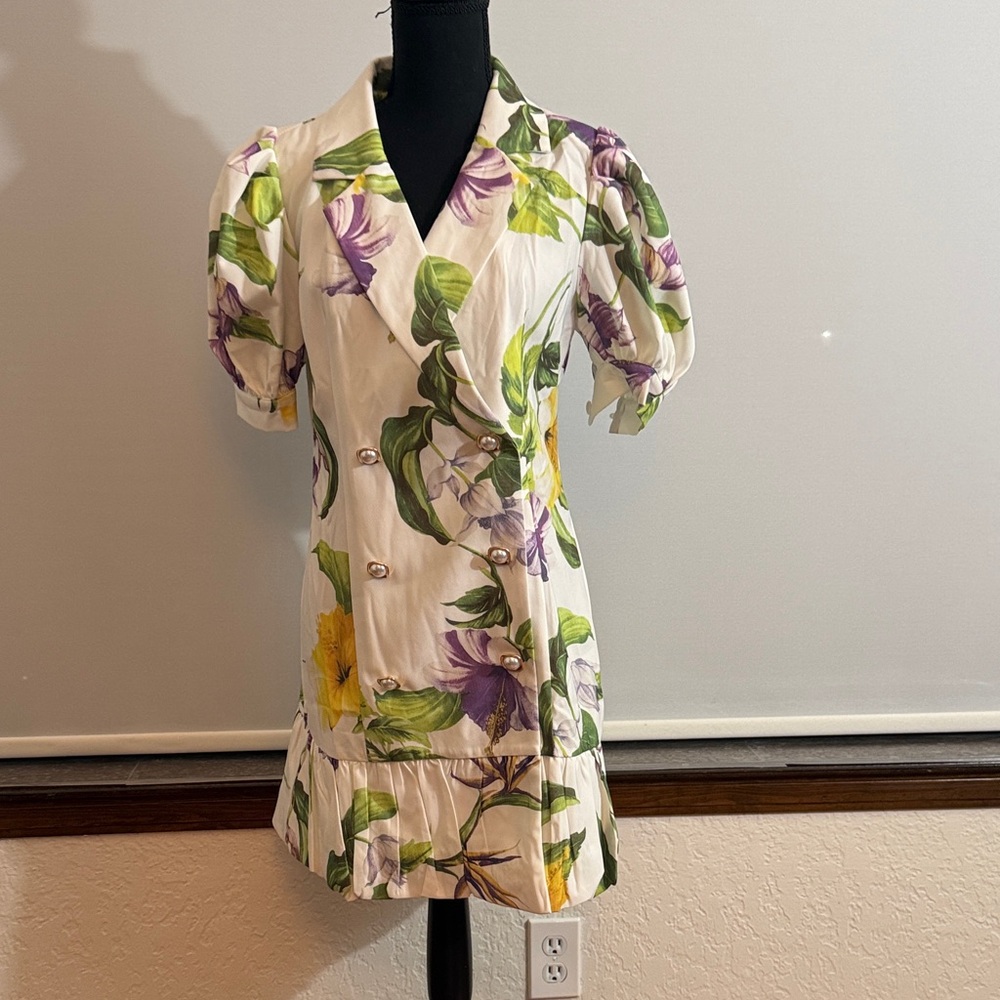 Floral Wrap Mini Dress - Cream with Purple and Green